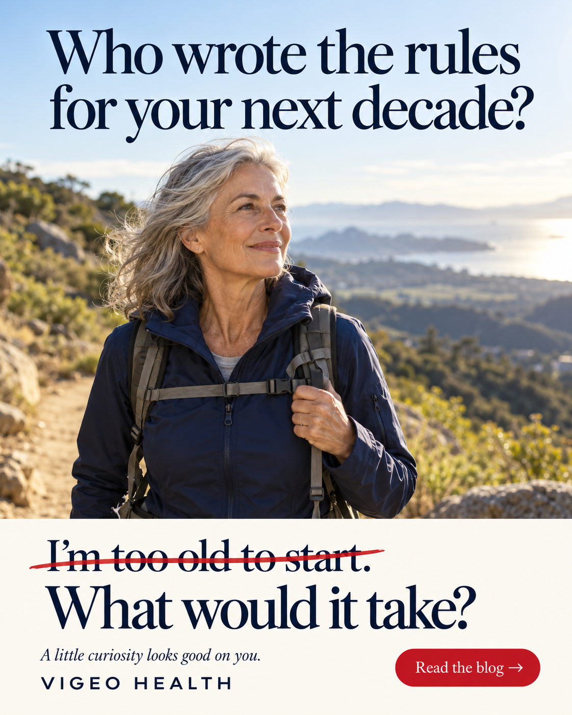 An active silver-haired woman hiking outdoors.