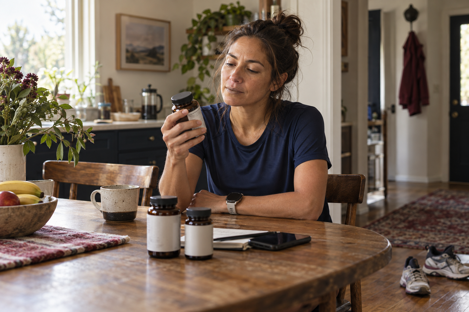 Endurance athlete reviewing supplement labels beside running shoes at a kitchen table.