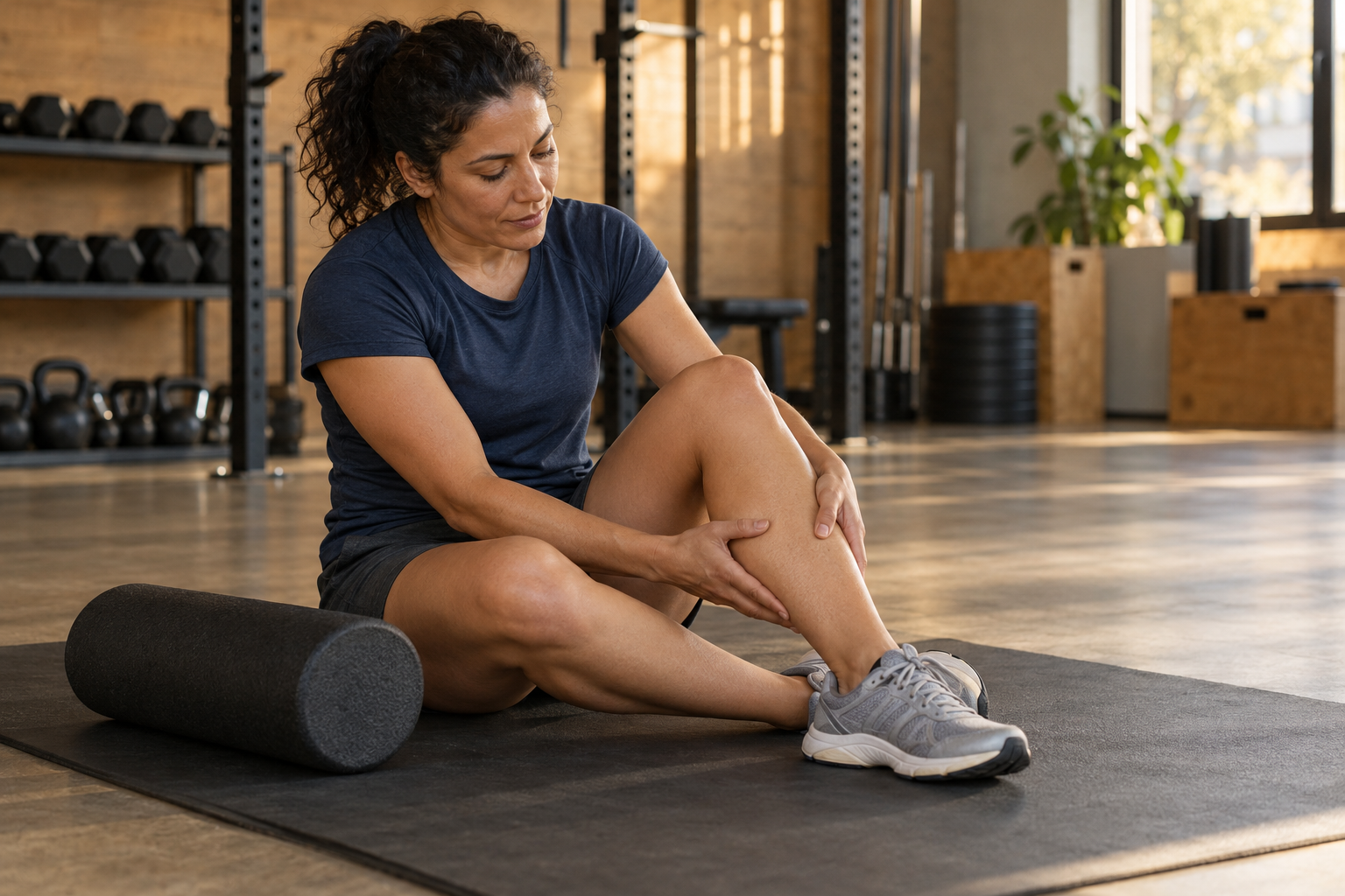 Athlete seated on a gym mat beside a foam roller.