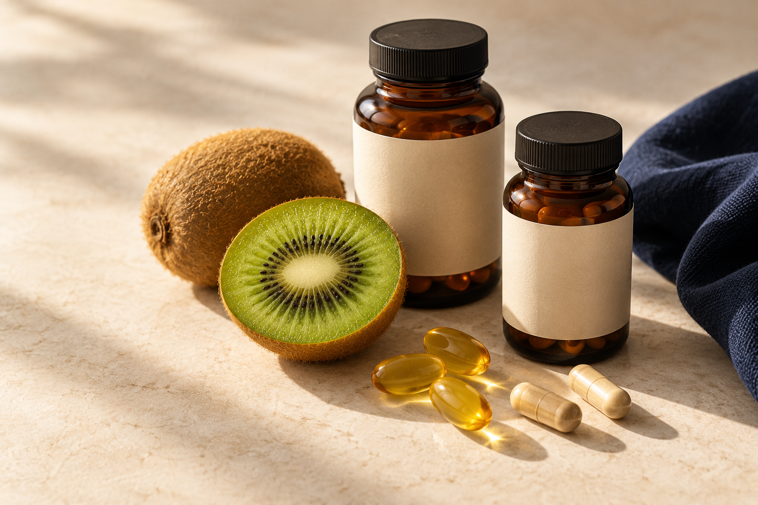 Whole and sliced kiwi beside supplement bottles and capsules.